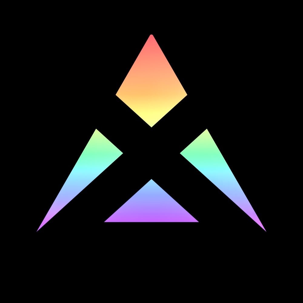 Vallax logo - Graphics - My primary logo. Uses a pale yet vibrant rainbow gradient juxtaposed onto a crystalline structure containing every letter of Vallax.